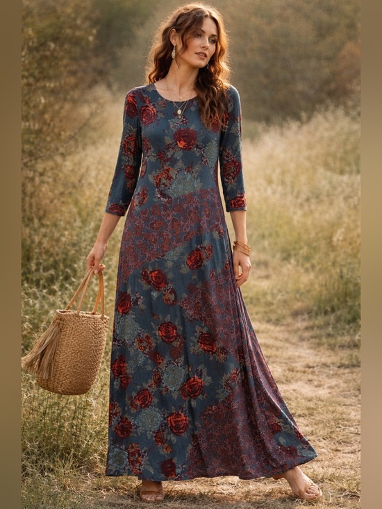 Soft Surroundings Dresses & Skirts - Soft Surroundings Floral Maxi Dress XL Blue Boho Patchwork Long Sleeve